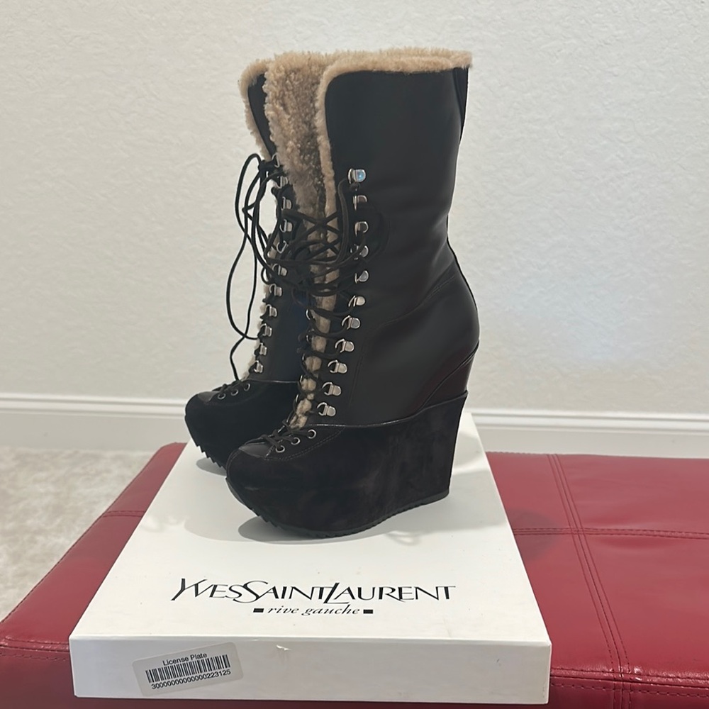 Yves Saint Laurent Black Lace Up Boots with Wedge Heel